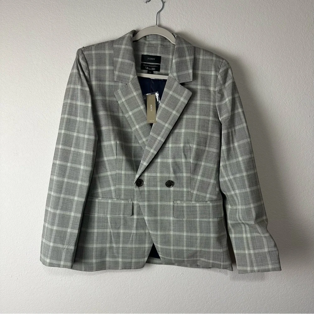 NEW J.Crew Mint Blue Gray Plaid Italian Stretch Wool Blend Devon Blazer Size 10